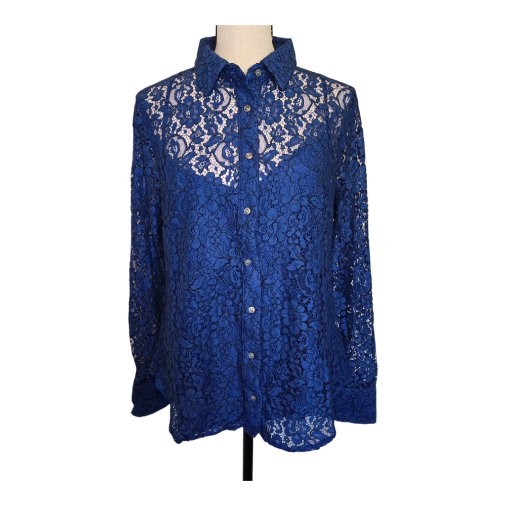 J.Crew Lace Open Knit Floral Button-Up Collared Top Size 10-New Blue Romantic
